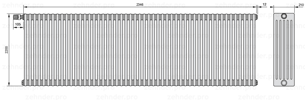 Схема (чертеж) Радиатор Zehnder Charleston 6220/51 №V011 Белый глянцевый RAL 9016